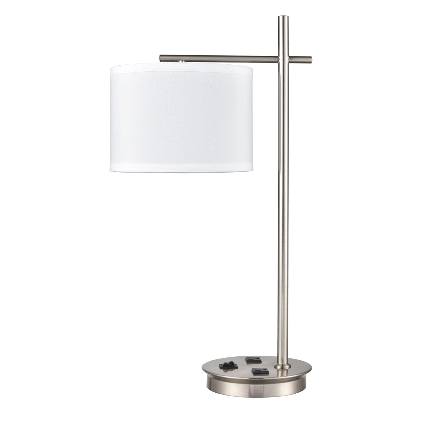 Brushed Nickel Table Lamp – White Fabric Shade, USB & Dual Outlets, 60W