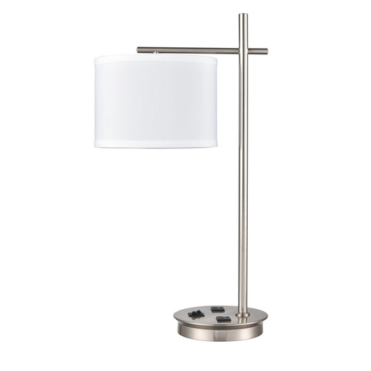 Brushed Nickel Table Lamp – White Fabric Shade, USB & Dual Outlets, 60W