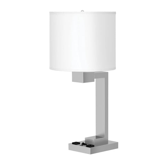 Brushed Nickel Table Lamp – White Fabric Shade with 1 USB & 2 Outlets, 100W Max