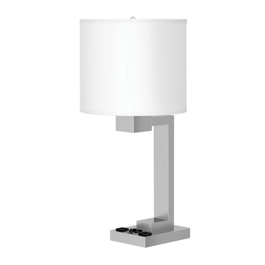 Brushed Nickel Table Lamp – White Fabric Shade with 1 USB & 2 Outlets, 60W Max