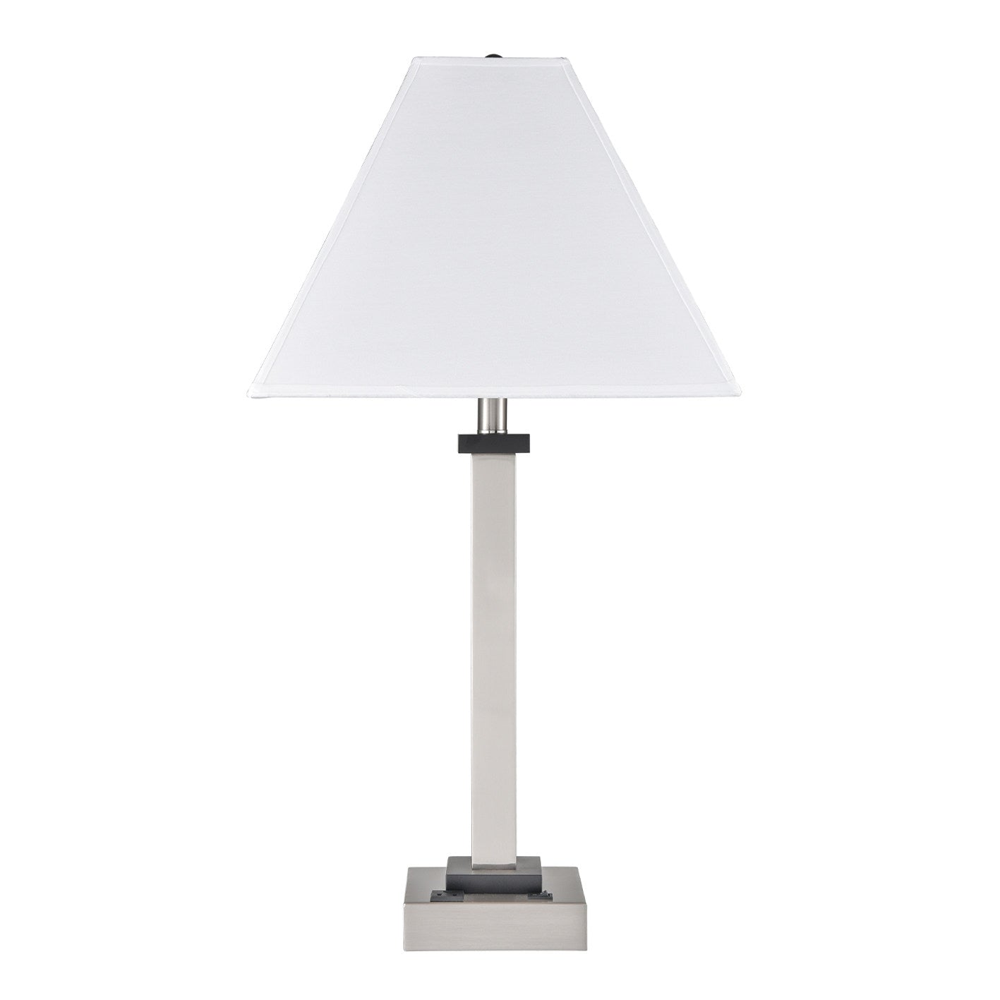 Brushed Nickel & Ebony Wood Table Lamp – White Fabric Shade with 1 Outlet, 100W Max