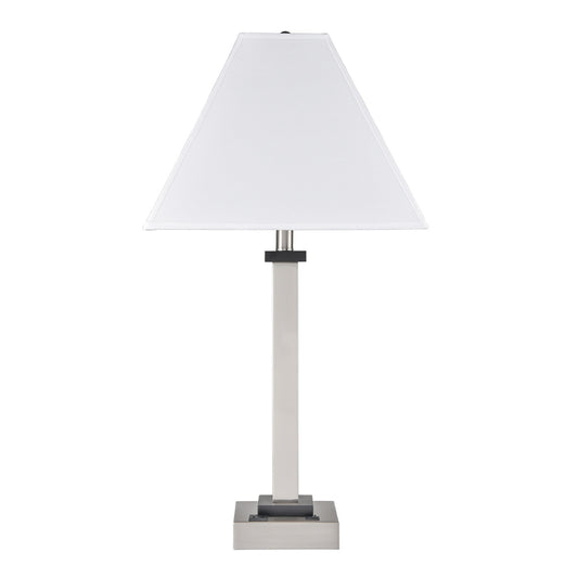 Brushed Nickel & Ebony Wood Table Lamp – White Fabric Shade with 1 Outlet, 100W Max