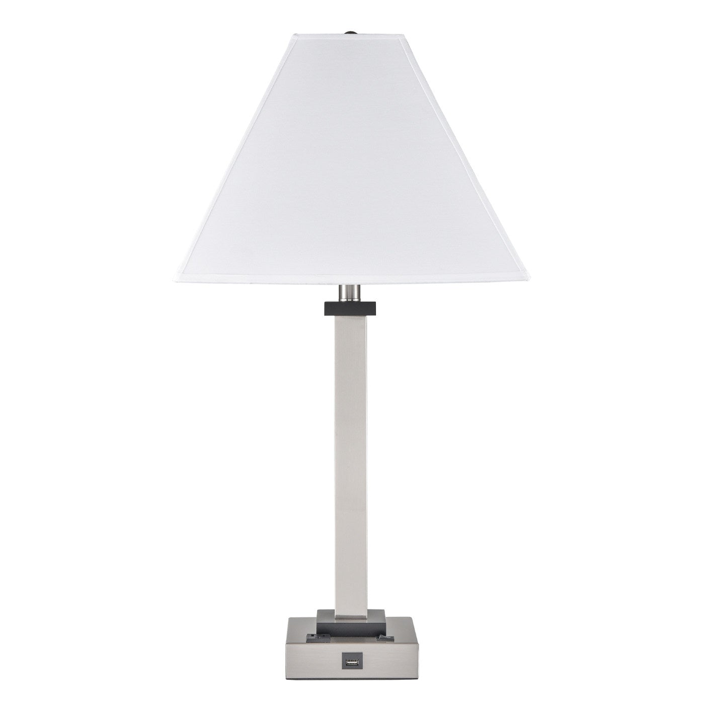 Brushed Nickel & Ebony Wood Table Lamp – White Fabric Shade with 1 USB & 1 Outlet, 100W Max