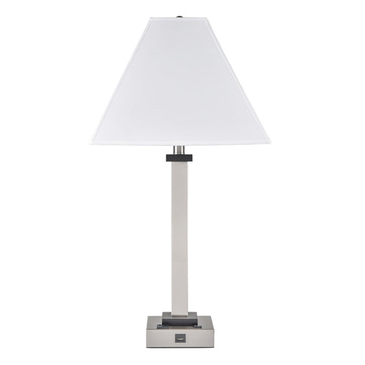 Brushed Nickel & Ebony Wood Table Lamp – White Fabric Shade with 1 USB & 1 Outlet, 100W Max