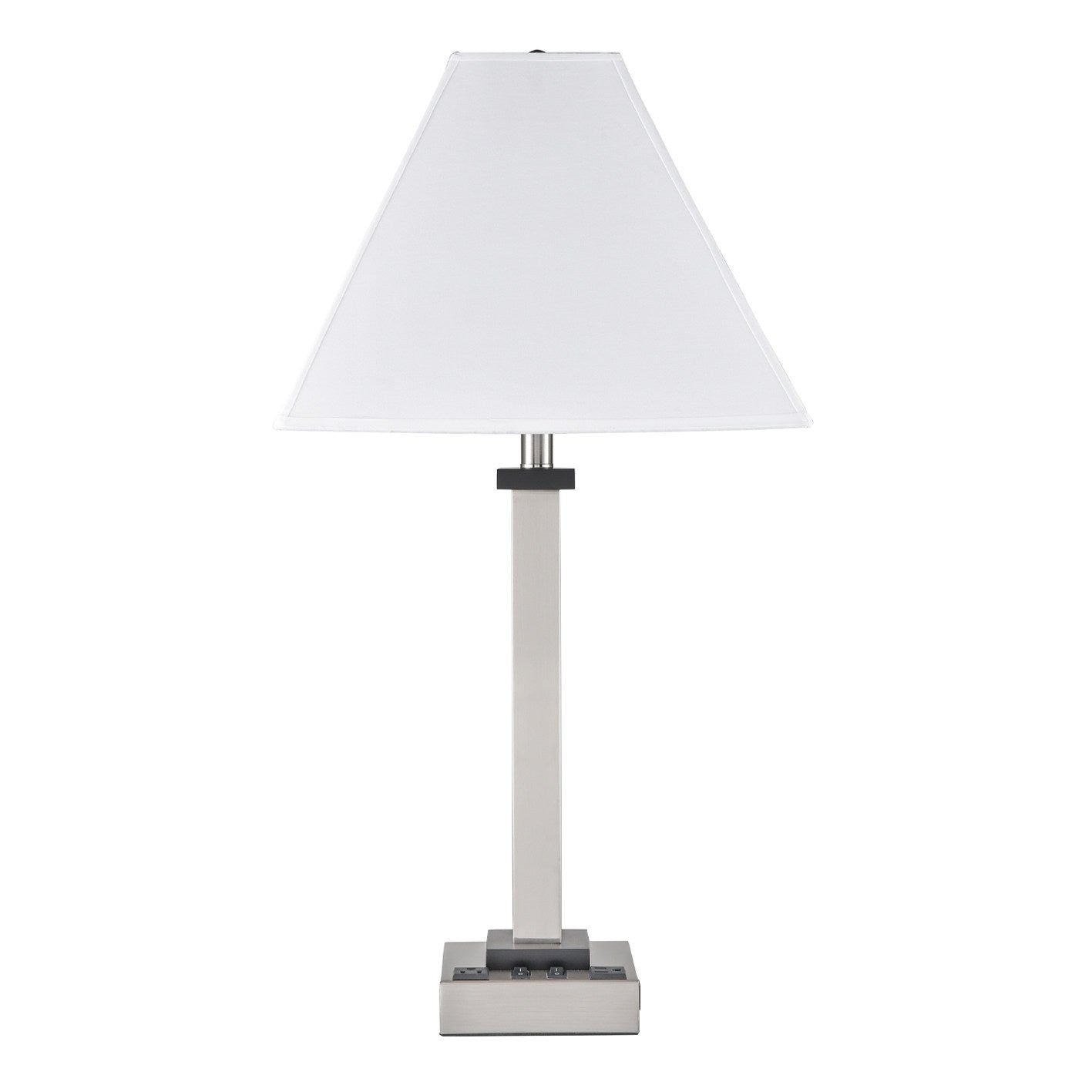Brushed Nickel & Ebony Wood Table Lamp – White Fabric Shade with 1 USB & 2 Outlets, 60W Max