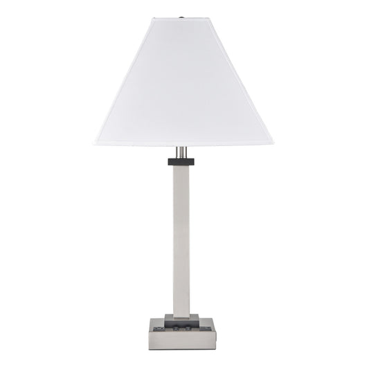 Brushed Nickel & Ebony Wood Table Lamp – White Fabric Shade with 1 USB & 2 Outlets, 60W Max