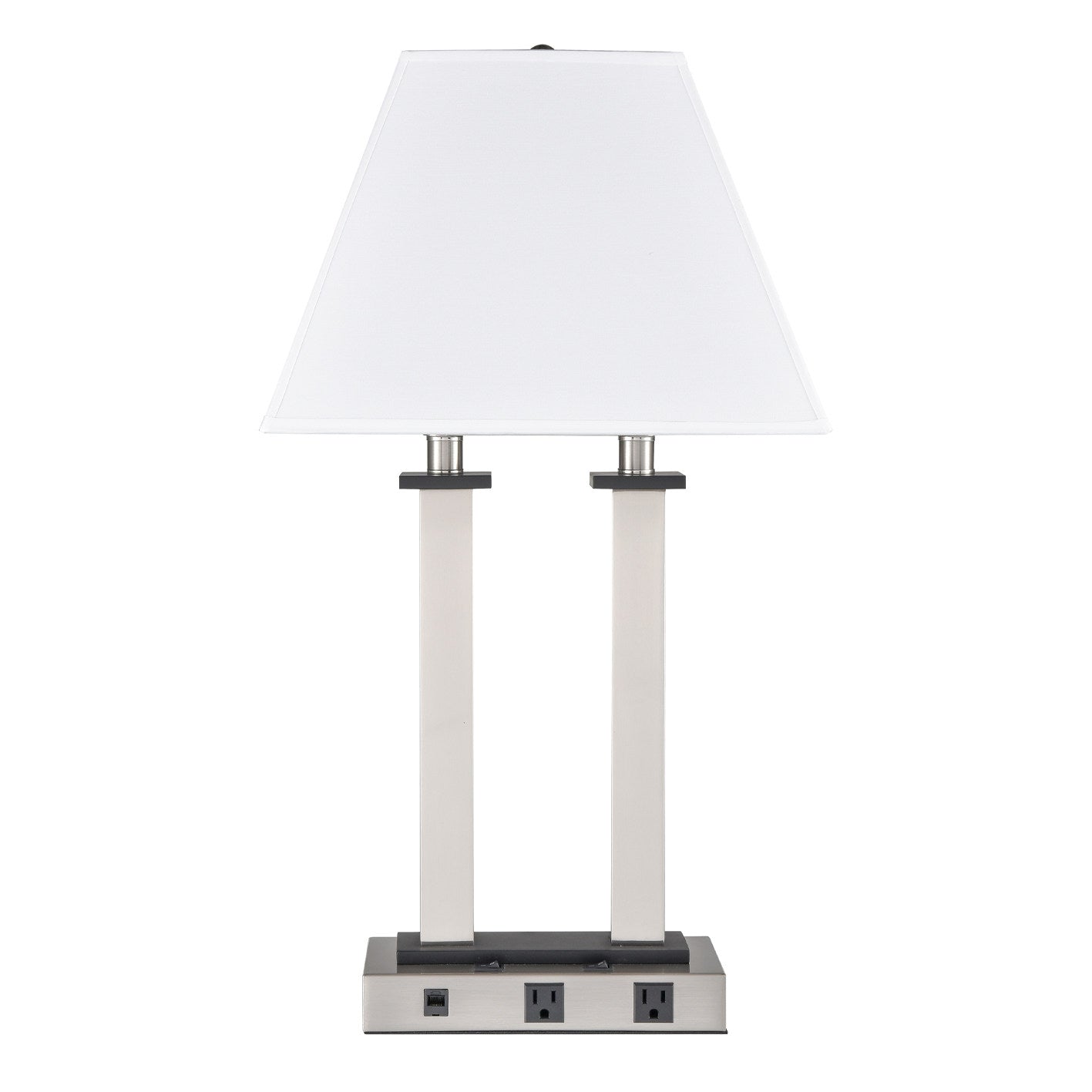 Brushed Nickel & Ebony Wood Table Lamp – White Fabric Shade with 2 Outlets & Data Port, 60W Max