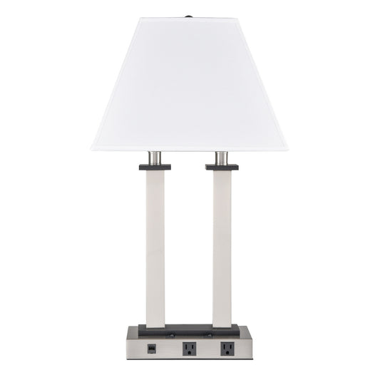 Brushed Nickel & Ebony Wood Table Lamp – White Fabric Shade with 2 Outlets & Data Port, 60W Max