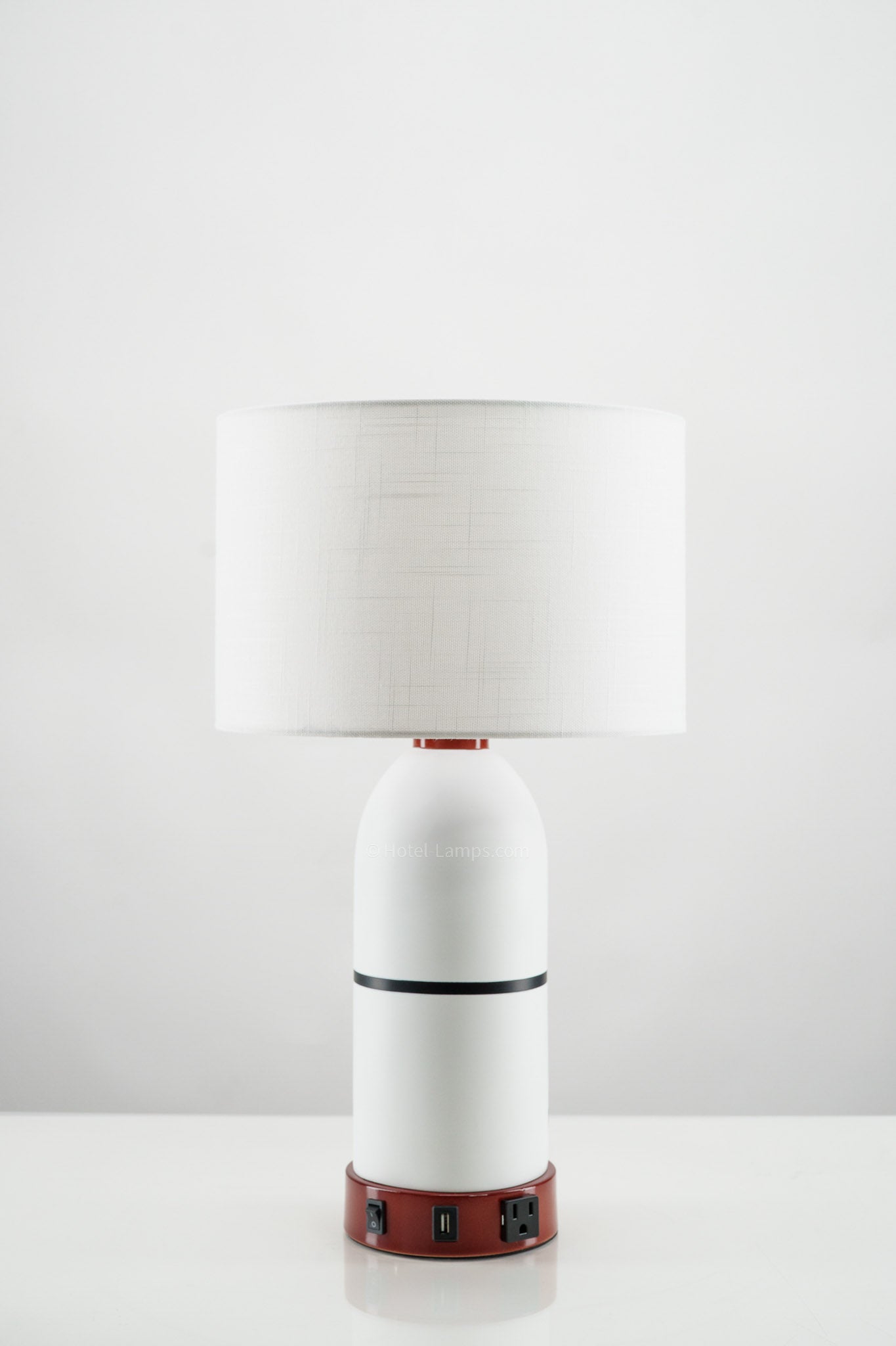 Hand-Painted White Ceramic Table Lamp with Red Base and USB/Outlet Ports