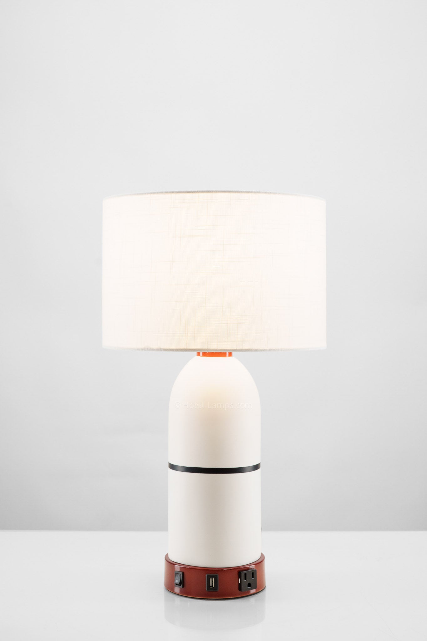 Hand-Painted White Ceramic Table Lamp with Red Base and USB/Outlet Ports