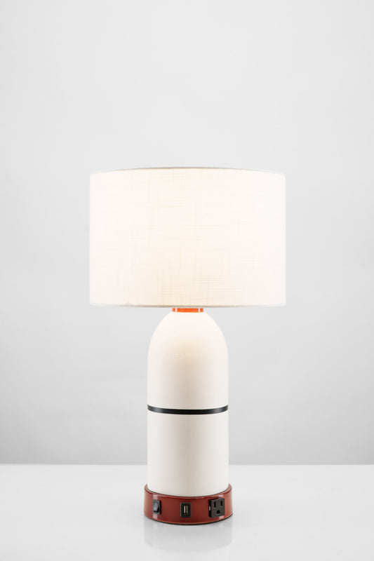 Hand-Painted White Ceramic Table Lamp with Red Base and USB/Outlet Ports