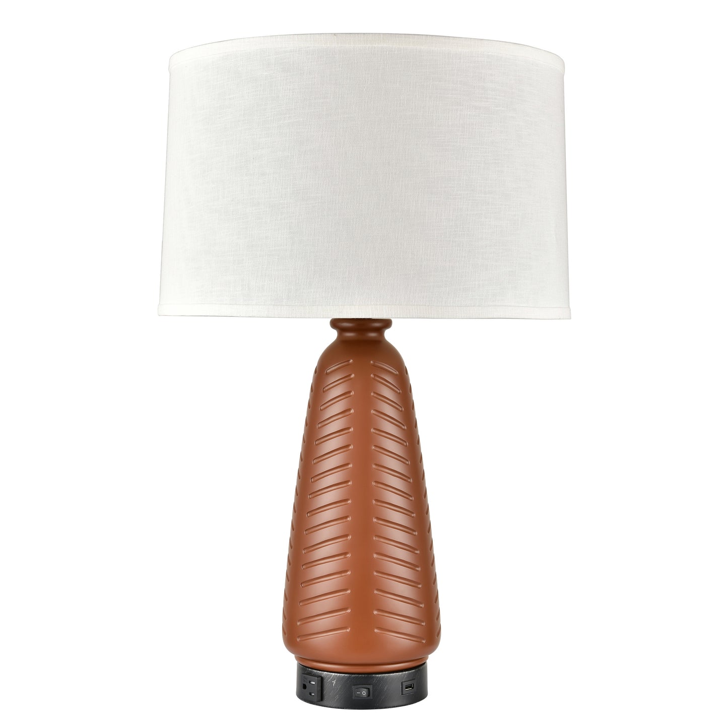 Painted Bronze & Dark Nickel Table Lamp – GU24 LED, White Fabric Shade, USB & Outlet