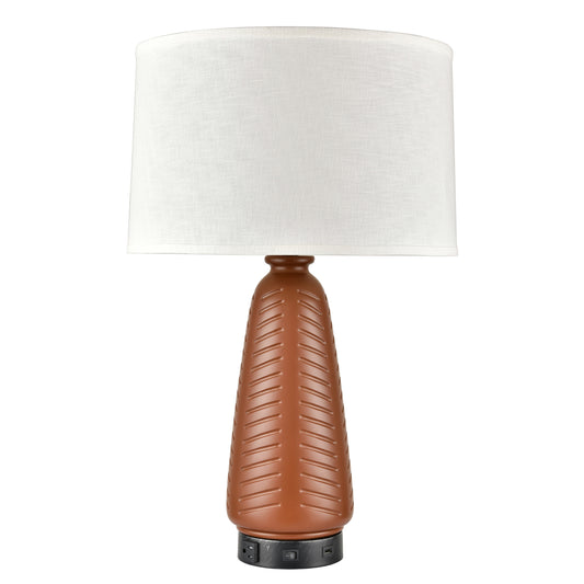 Painted Bronze & Dark Nickel Table Lamp – GU24 LED, White Fabric Shade, USB & Outlet