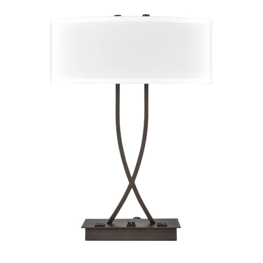 Dark Bronze Table Lamp – White Fabric Shade with 2 Outlets, 60W Max