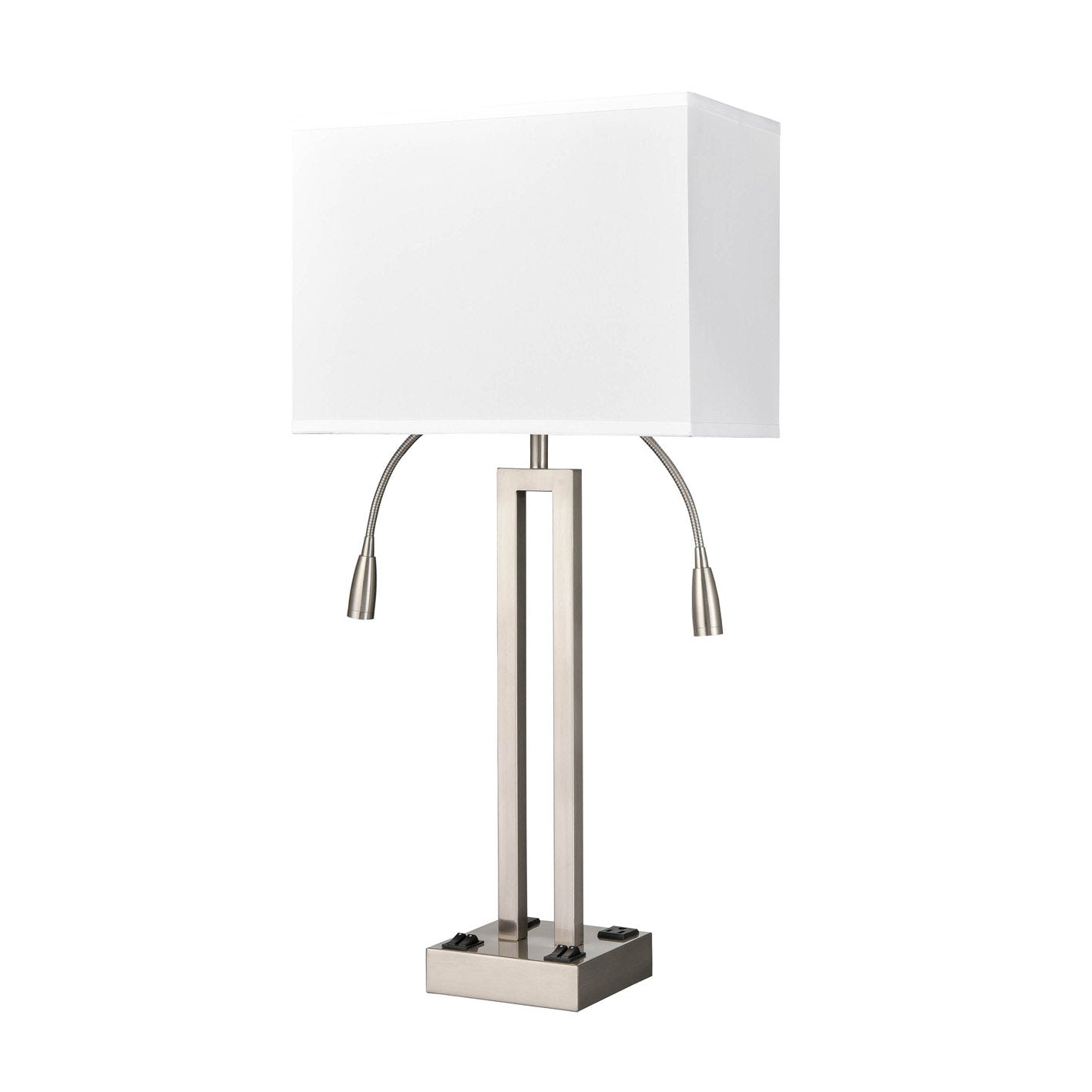 Brushed Nickel Table Lamp – White Fabric Shade with 2 Outlets, 60W Max