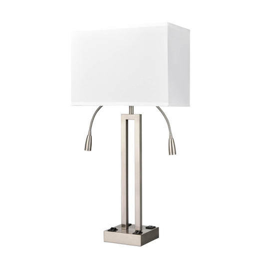 Brushed Nickel Table Lamp – White Fabric Shade with 2 Outlets, 60W Max