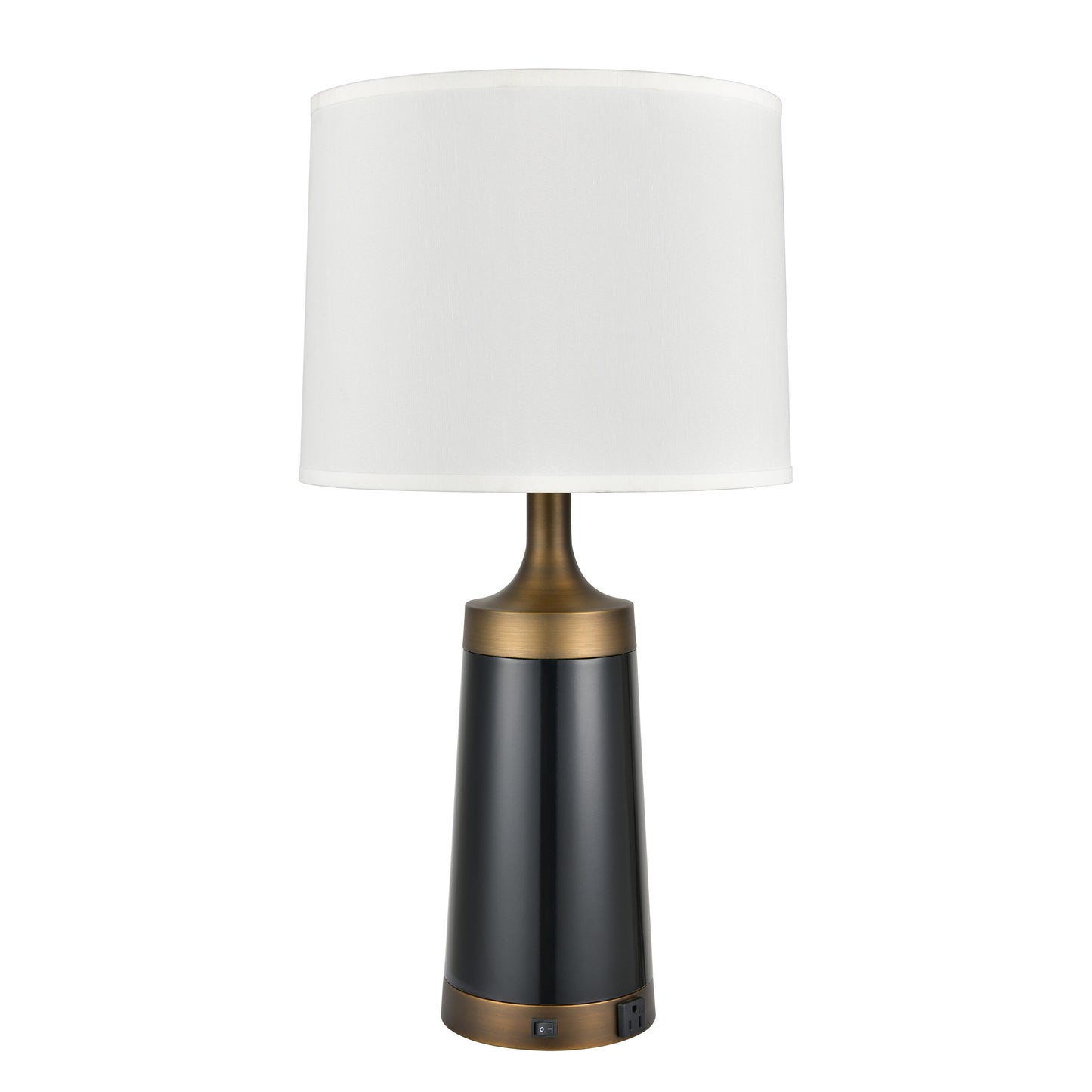 Antique Brass & Glossy Black Table Lamp with Outlet – Dual E26 Sockets, White Fabric Shade, 60W