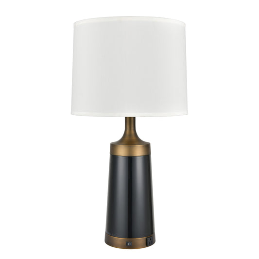Antique Brass & Glossy Black Table Lamp with Outlet – Dual E26 Sockets, White Fabric Shade, 60W