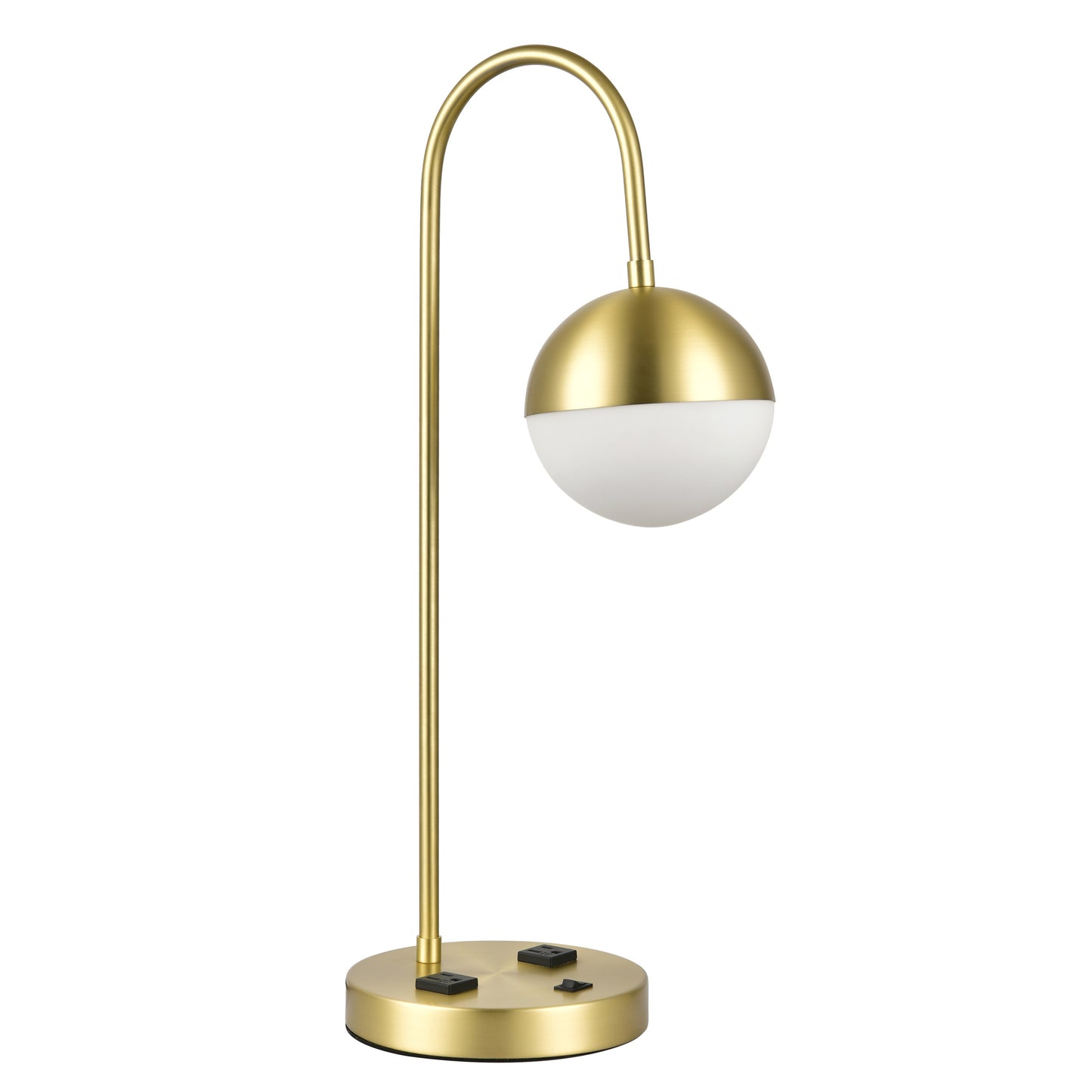 Plated Satin Brass Table Lamp – 60W E26, Half-Round Metal & Frosted Glass Shade, Built-in Outlets