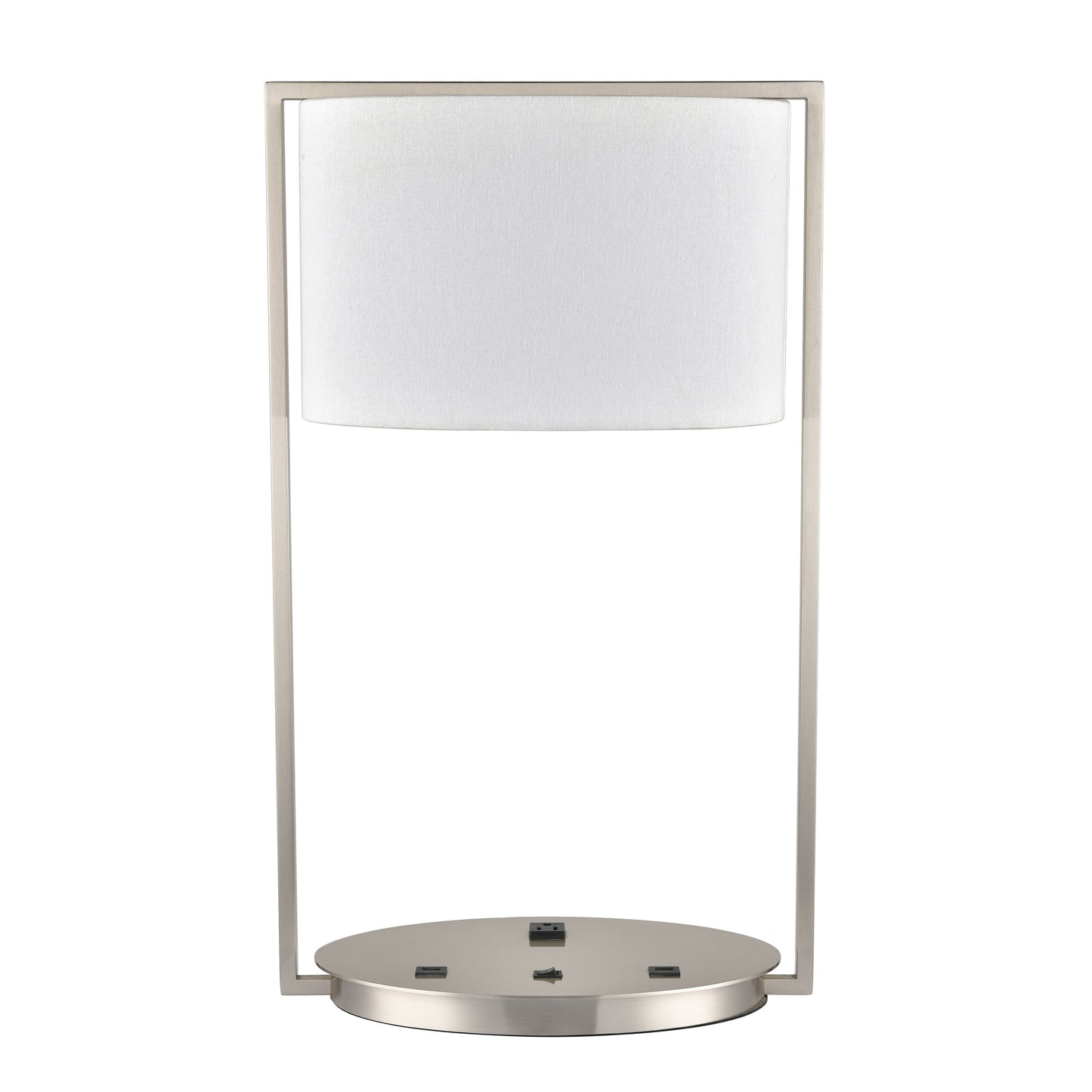 Plated Brushed Nickel Table Lamp – 27W GU24, White Fabric Shade, USB & Outlet