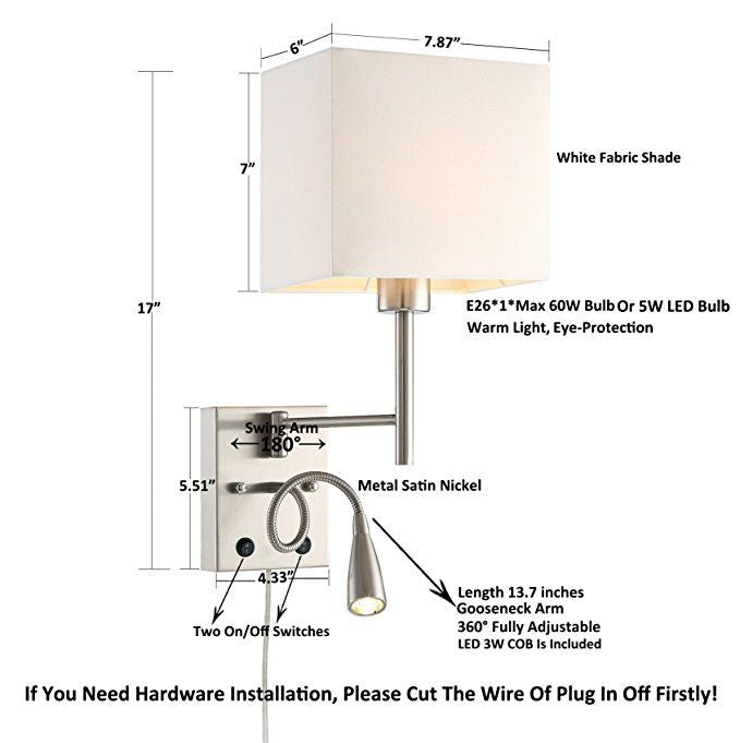 Two-Lights Bedroom LED Reading Swing Arm Wall Light – Satin Nickel Finish