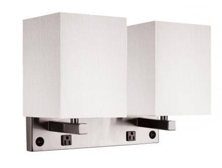 Brushed Nickel Dual Headboard Wall Lamp with White Ribbed Shade, Outlets – 32W Each (HLHW10016)