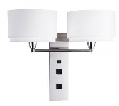 Brushed Nickel Dual Headboard Wall Lamp with Cream Linen Shade & Outlets – 33W Each (HLHW10018)