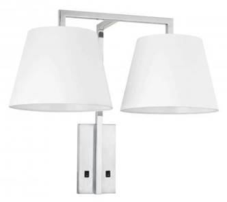 Brushed Chrome Dual Headboard Wall Lamp with White Linen Shades – 27W Each (HLHW10022)