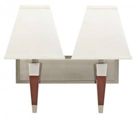 Double Wall Sconce with Cream Linen Shades – Warm Cherry & Brushed Nickel Finish