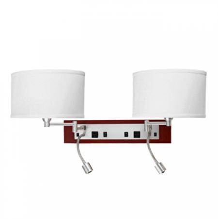 Warm Cherry & Brushed Nickel Dual Headboard Wall Lamp with White Linen Shade, Outlets & LED – 33W Each (HLHW10030)