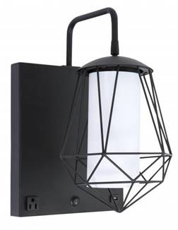 HLHW10049 Matte Black LED Wall Light with USB & Outlet – 15W Frosted White Shade