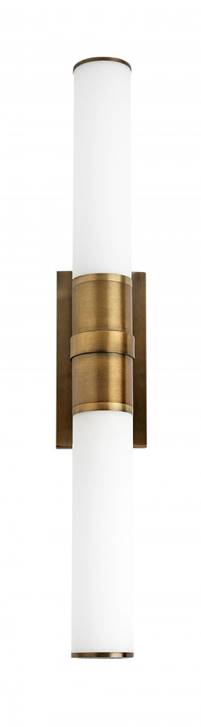 Dual LED Wall Sconce with Frosted White Shades – Antique Brass Finish
