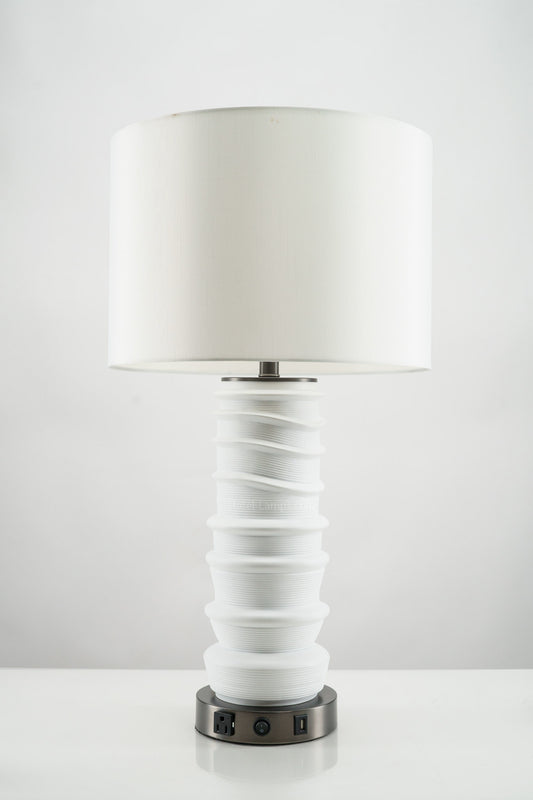 Beach Wave White Ceramic Table Lamp with USB & Outlet Ports – Satin Black Nickel Base