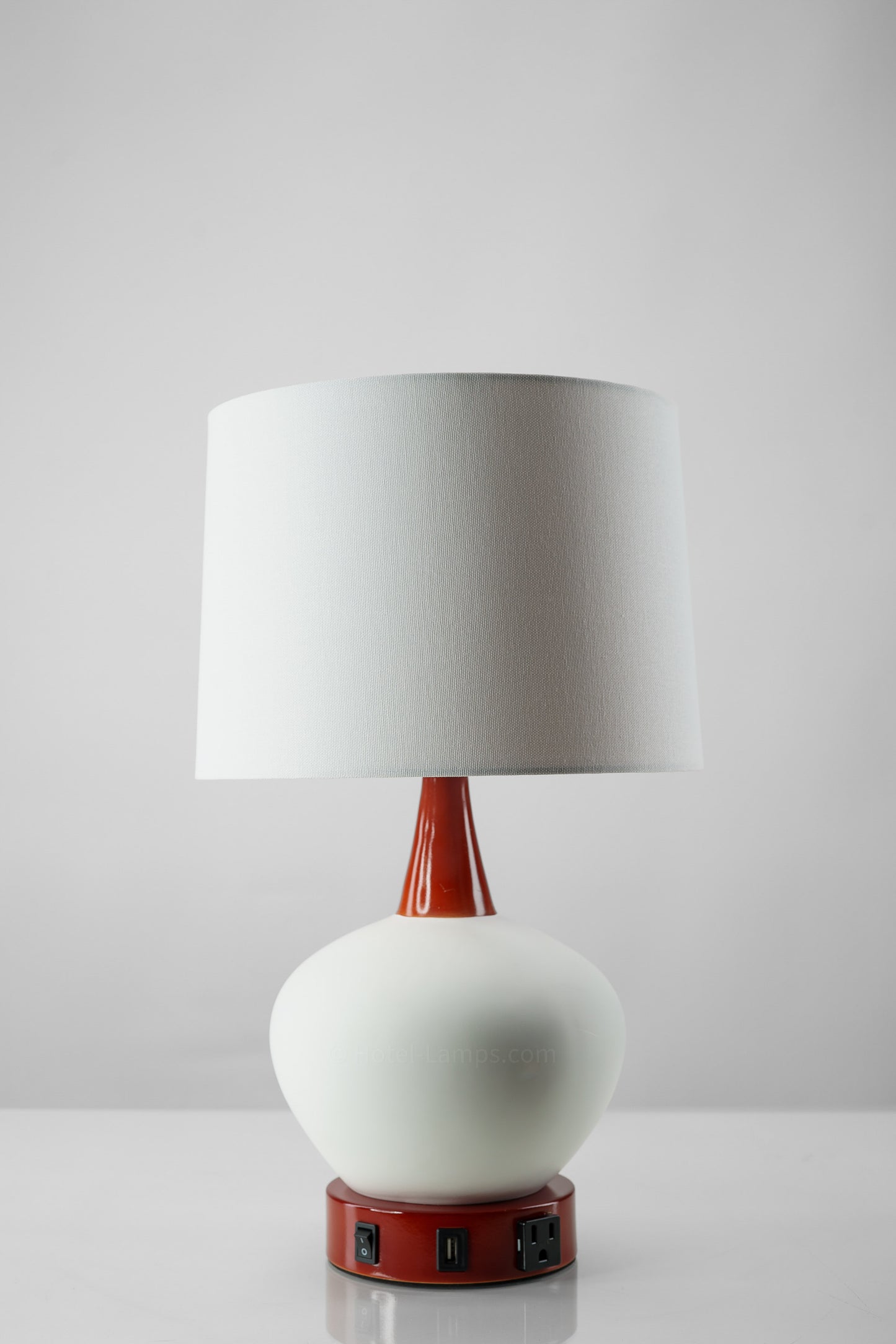 White Ceramic Sphere Table Lamp with Red Accents – USB & Outlet Charging Ports