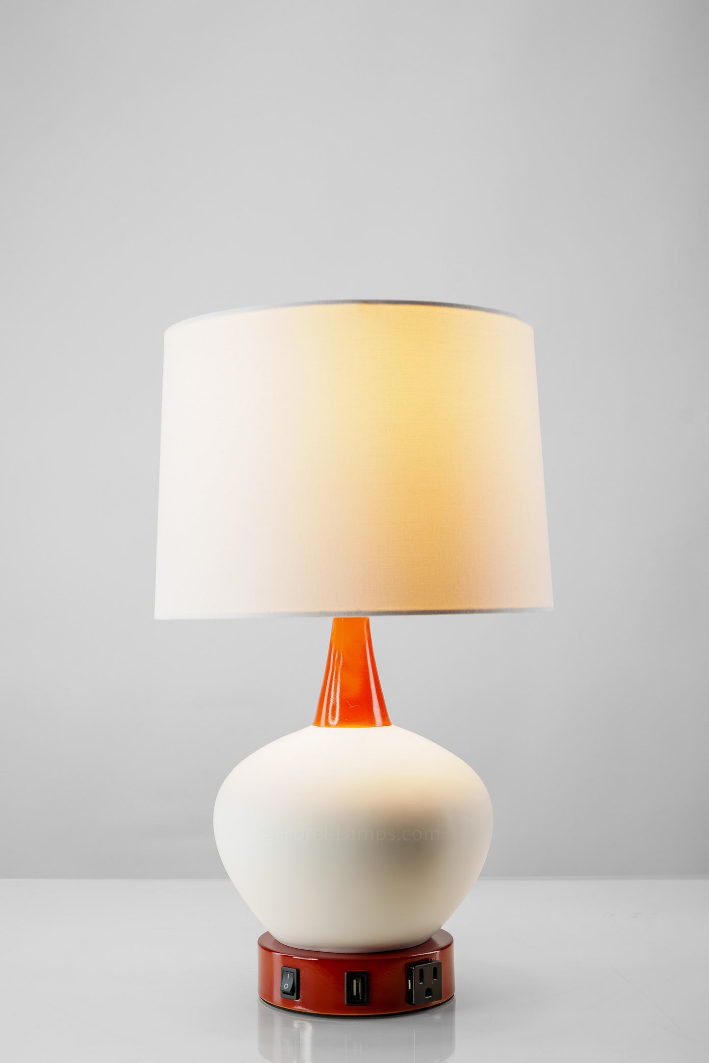 White Ceramic Sphere Table Lamp with Red Accents – USB & Outlet Charging Ports