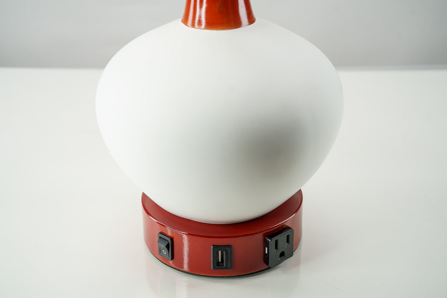 White Ceramic Sphere Table Lamp with Red Accents – USB & Outlet Charging Ports