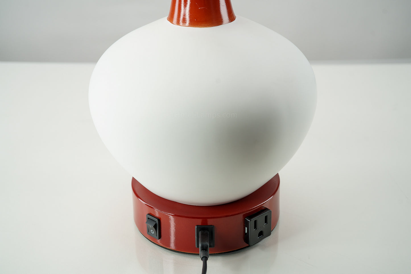 White Ceramic Sphere Table Lamp with Red Accents – USB & Outlet Charging Ports