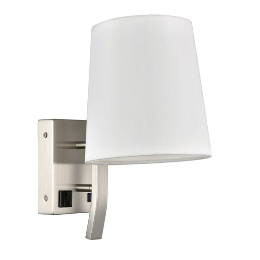 Brushed Nickel Wall Lamp with One Outlet – Wall-Mounted Bedroom Light