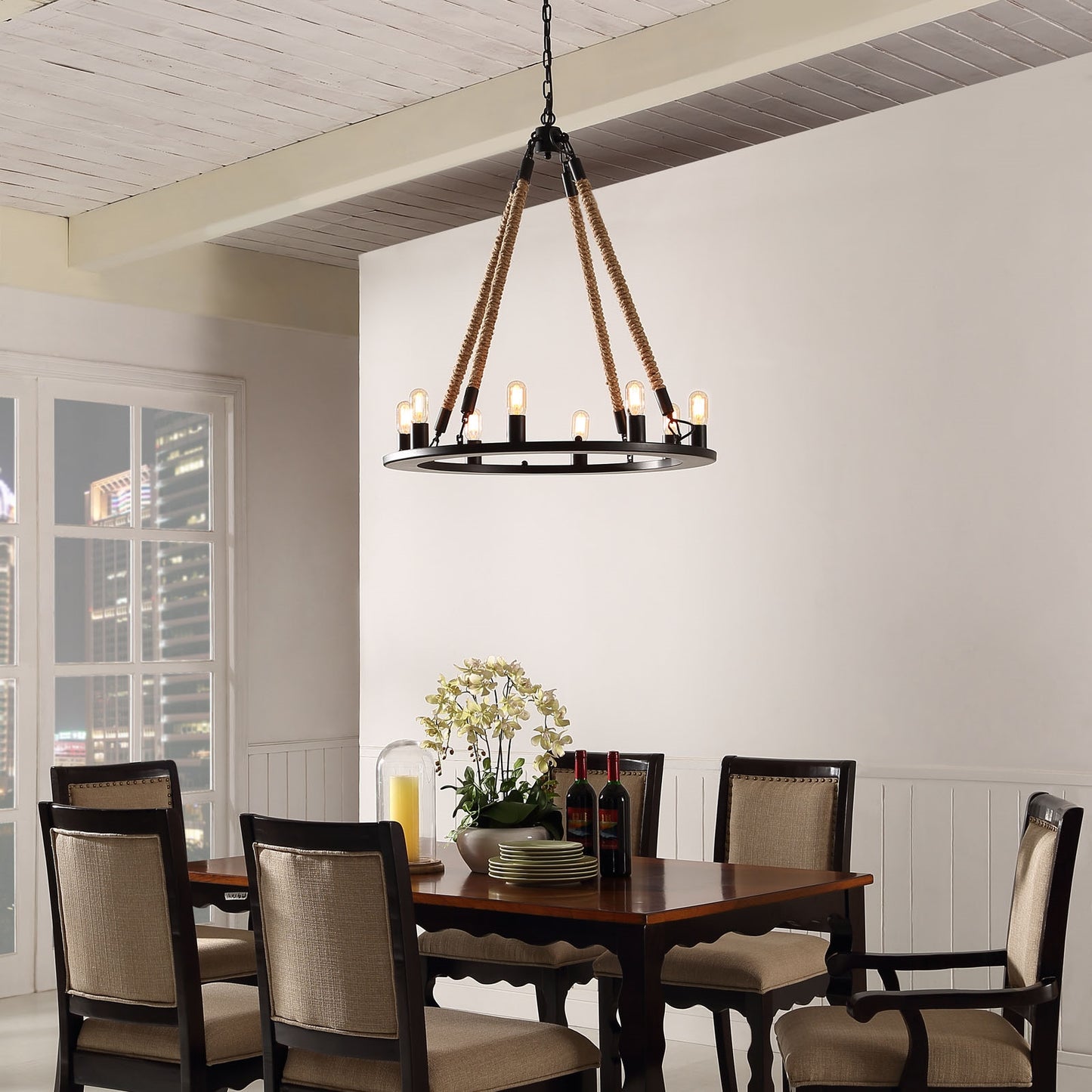 Encircle Chandelier – Black Finish with Rope Cords – 31.5” x 31.5” x 31.5” – HL-1574