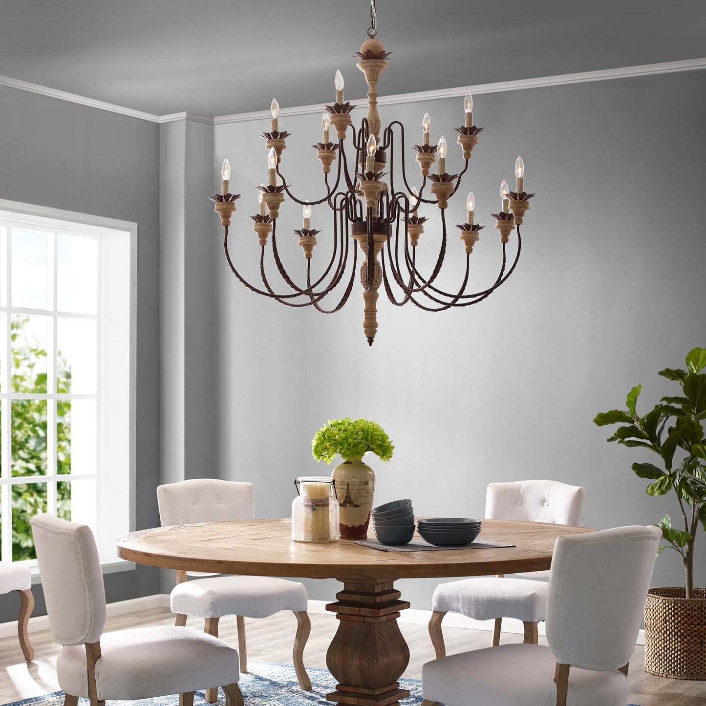 Nobility 15-Light Candelabra Chandelier – French Vintage Pendant with Wood & Metal – HL-3277