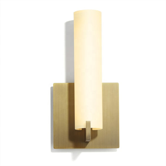 Hotel Glass Shade Wall Sconce – Aged Brass Metal Backplate with Opal Matte Glass