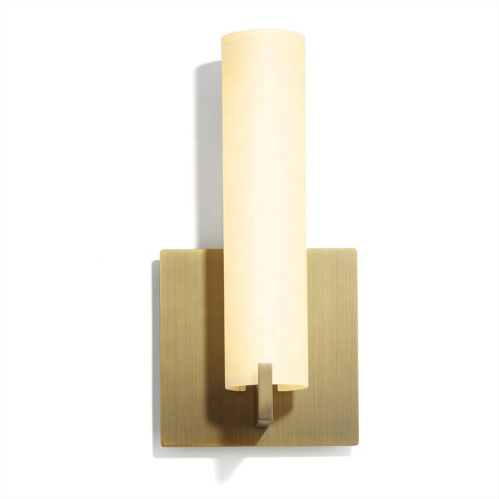 HLWL00047 Hotel Glass Shade Wall Sconce – Opal Matte Glass with Aged Brass Back Plate