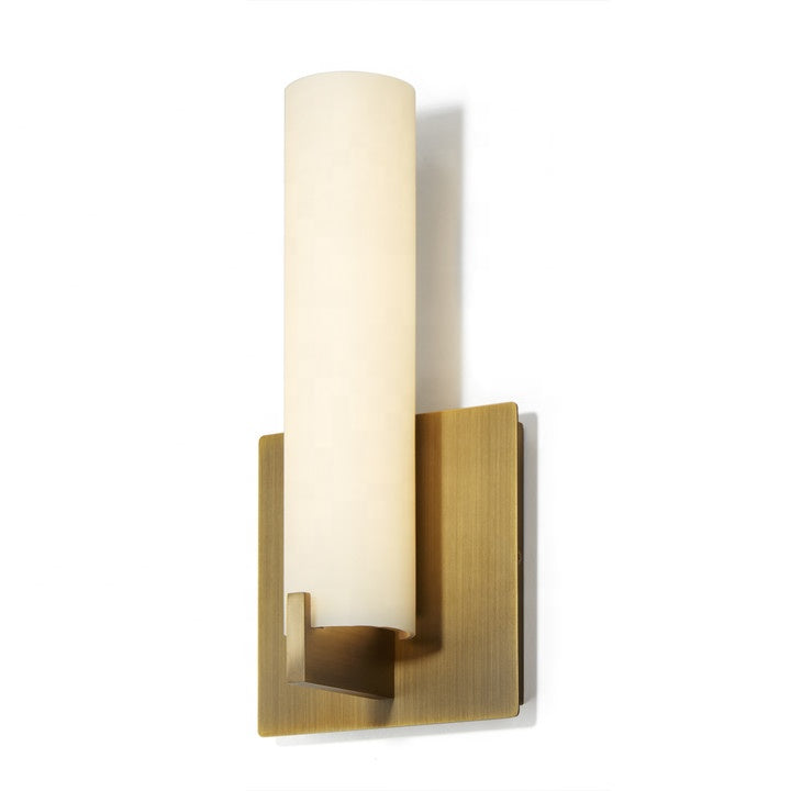HLWL00047 Hotel Glass Shade Wall Sconce – Opal Matte Glass with Aged Brass Back Plate