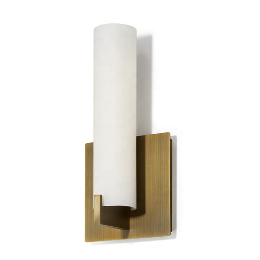 Hotel Glass Shade Wall Sconce – Aged Brass Metal Backplate with Opal Matte Glass