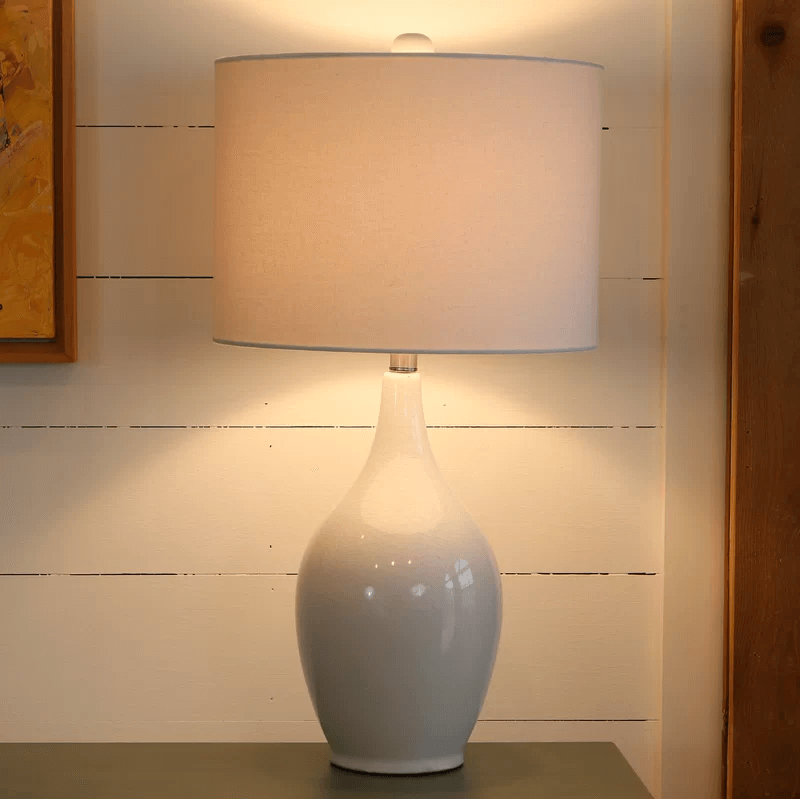 White Ceramic Table Lamp with White Linen Shade & Polished Nickel Accents – HLHT7026