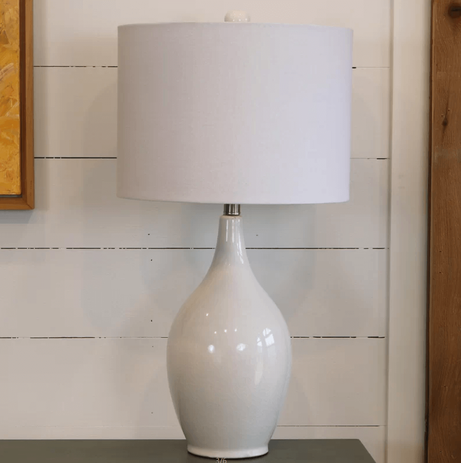 White Ceramic Table Lamp with White Linen Shade & Polished Nickel Accents – HLHT7026