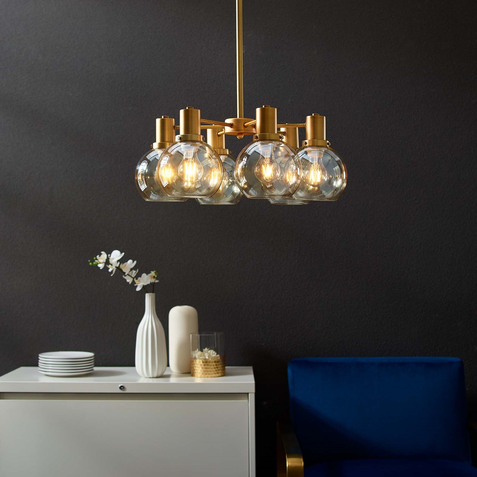 Resound Amber Glass And Brass Pendant Chandelier