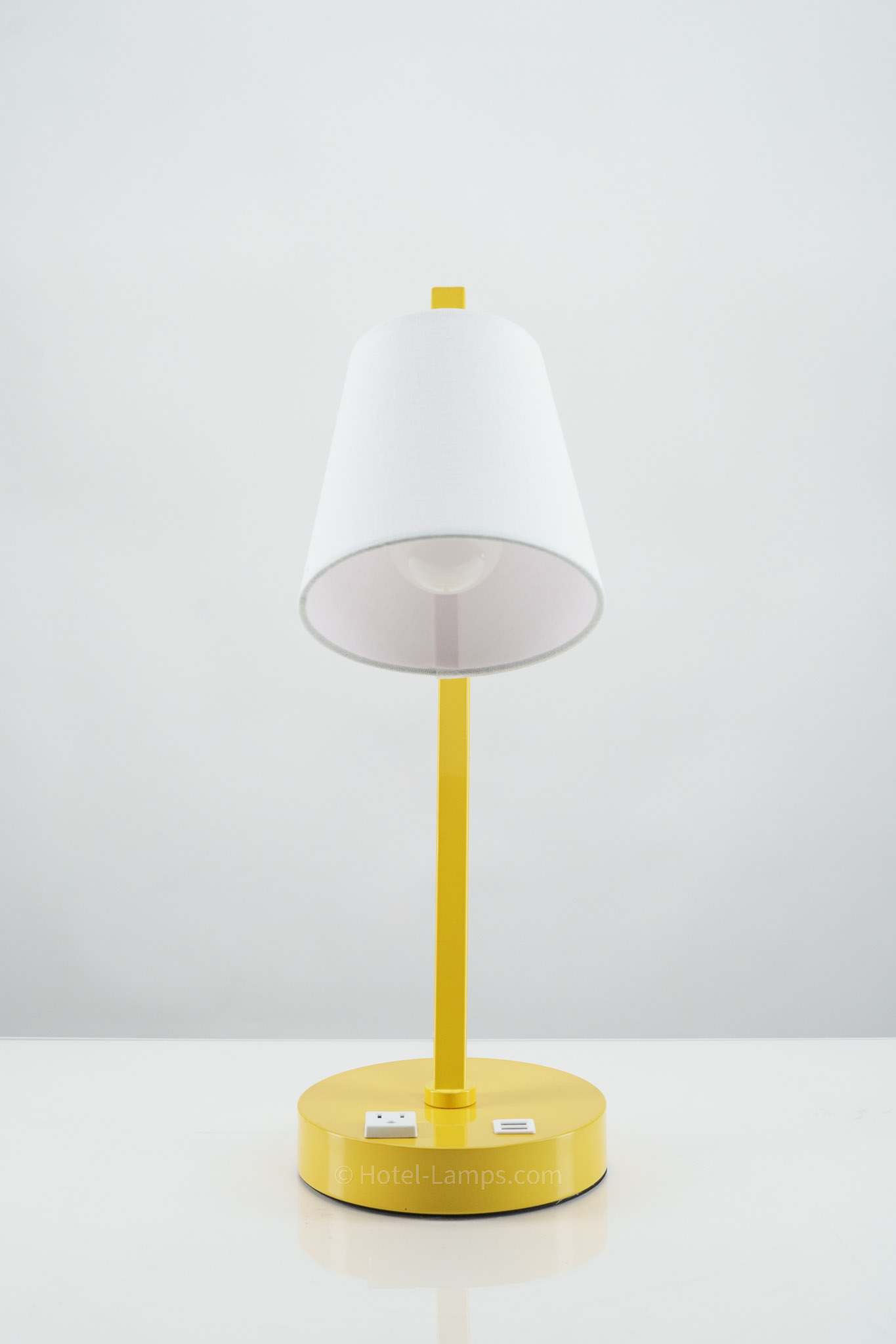 Canary yellow table lamp with white shade
